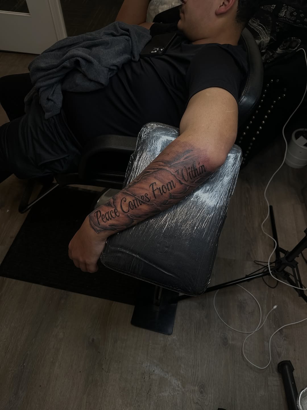 Tattoo by @inkdbyworm — lettering_script, black_and_grey