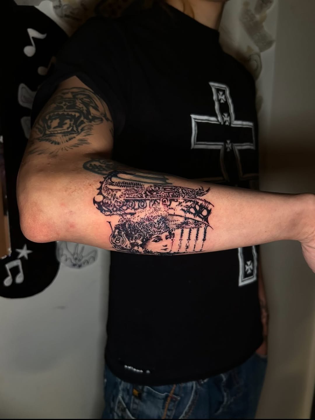 Tattoo by @rickymodelo — black_and_grey, trash_polka