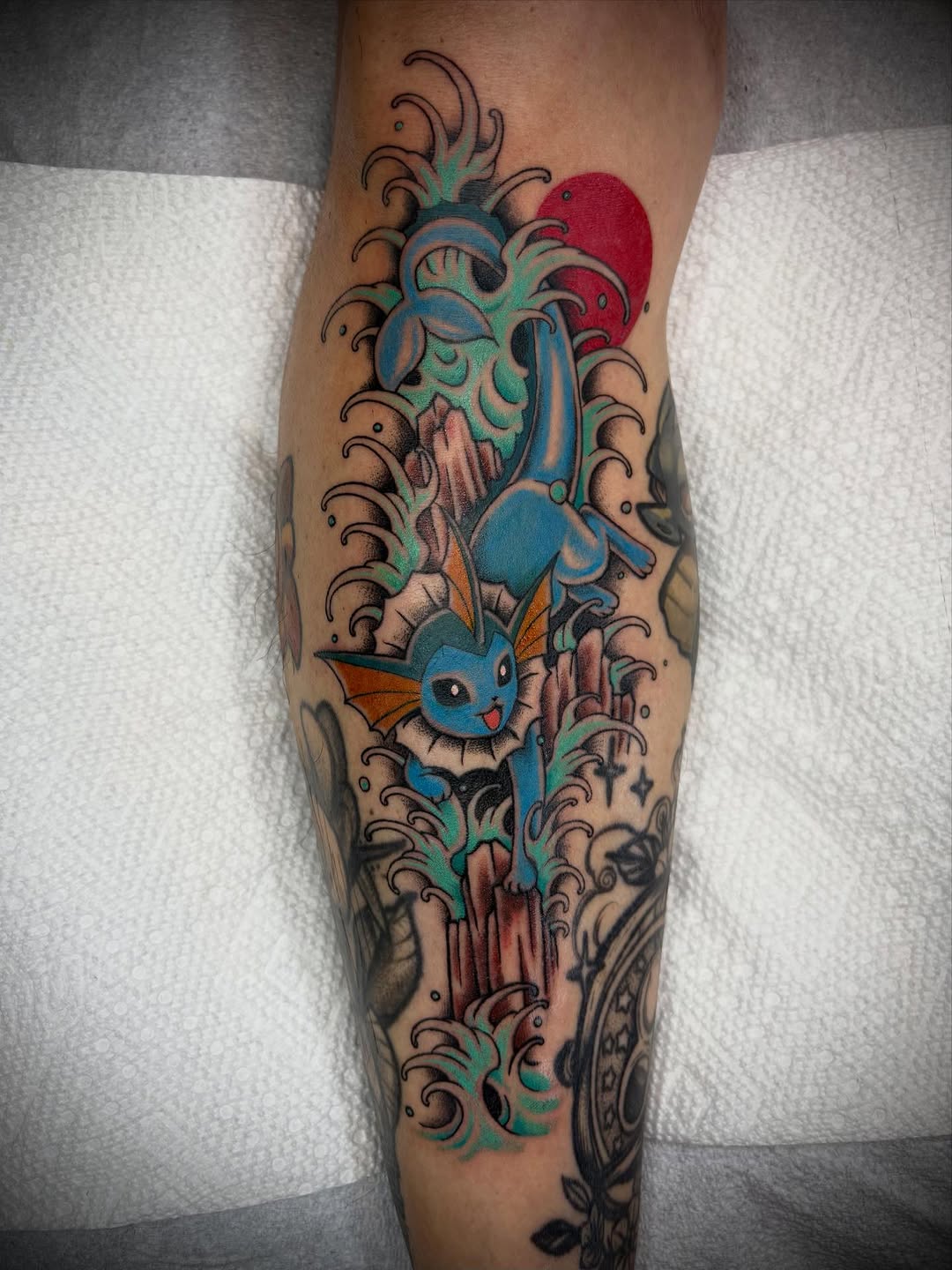 Tattoo by @harmo.ink — illustrative, anime