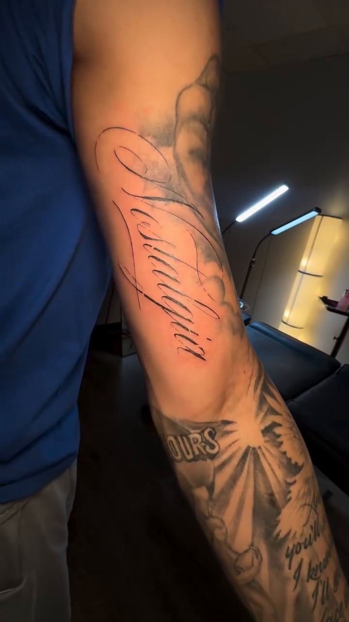 Tattoo by @mariamancc โ lettering_script, fine_line
