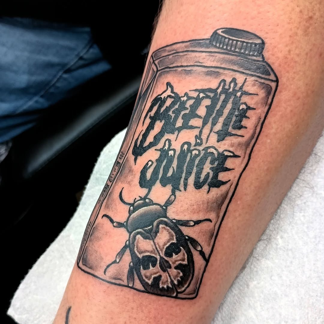 Tattoo by @mister_perks — black_and_grey, lettering_script