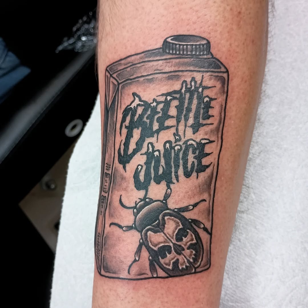Tattoo by @mister_perks — lettering_script, black_and_grey