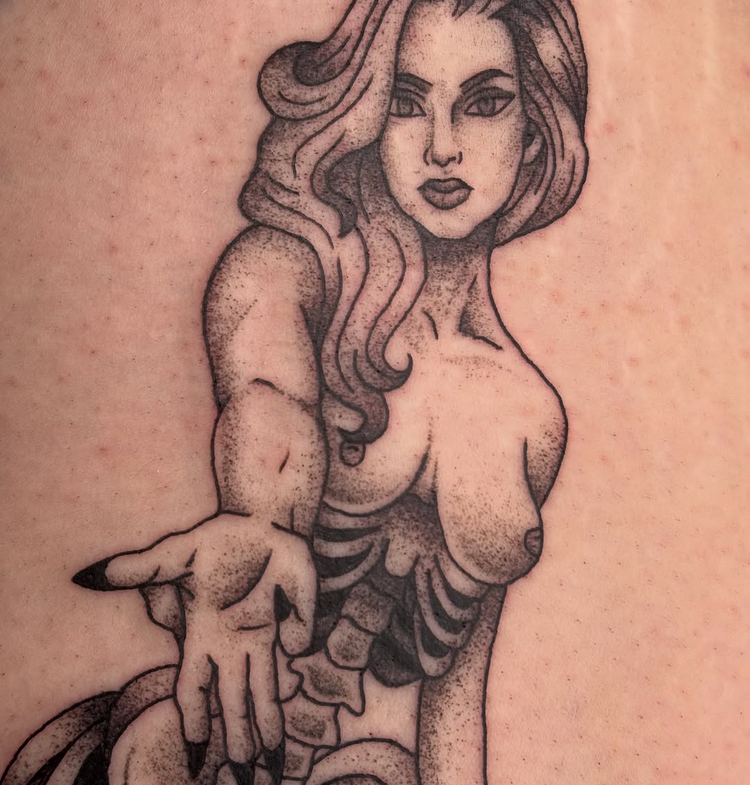 Tattoo by @kyshae.tattoos — blackwork, illustrative