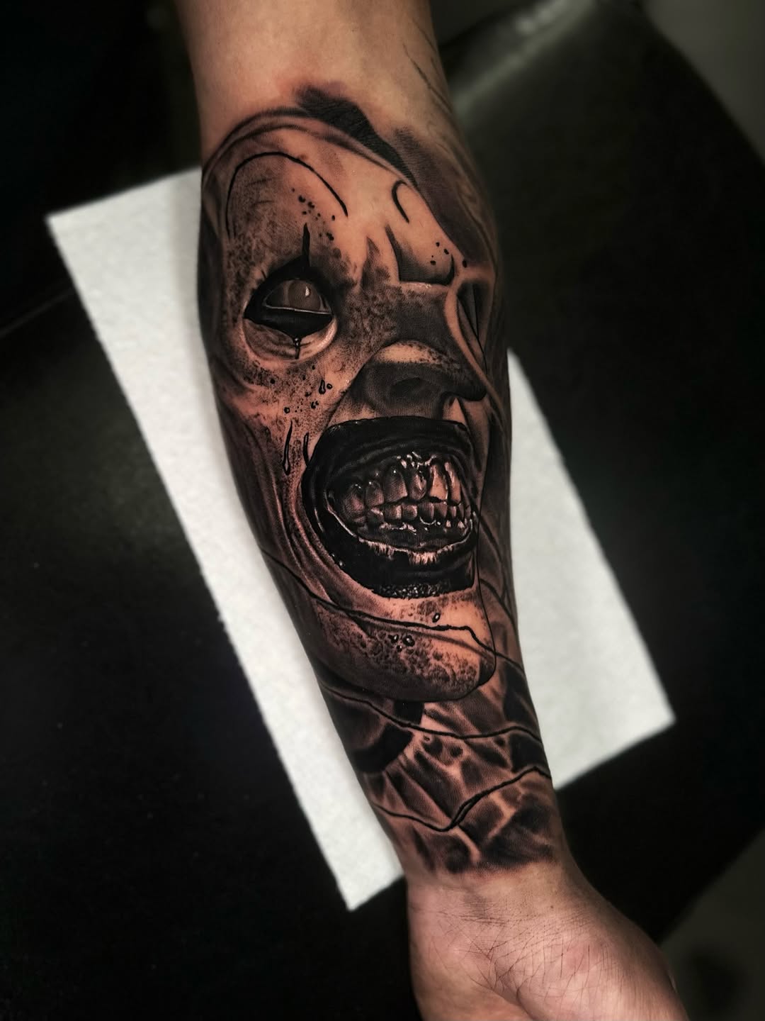 Tattoo by @jessewhitetattoo — dark_realism, black_and_grey