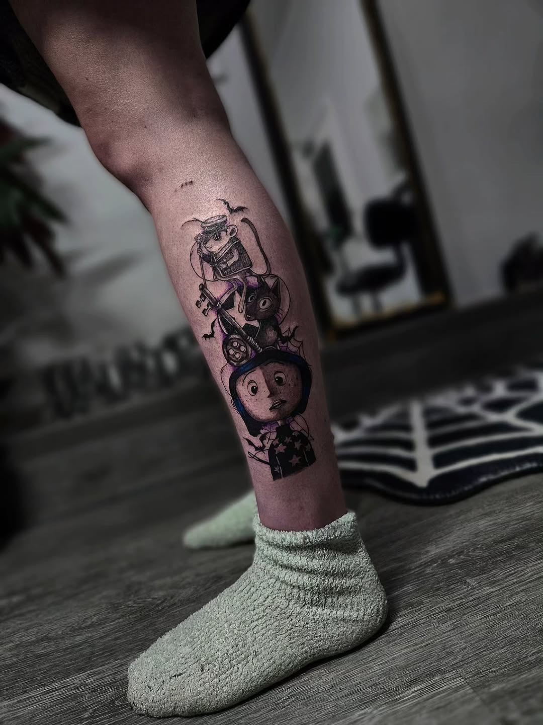 Tattoo by @grimz.ink — illustrative, black_and_grey