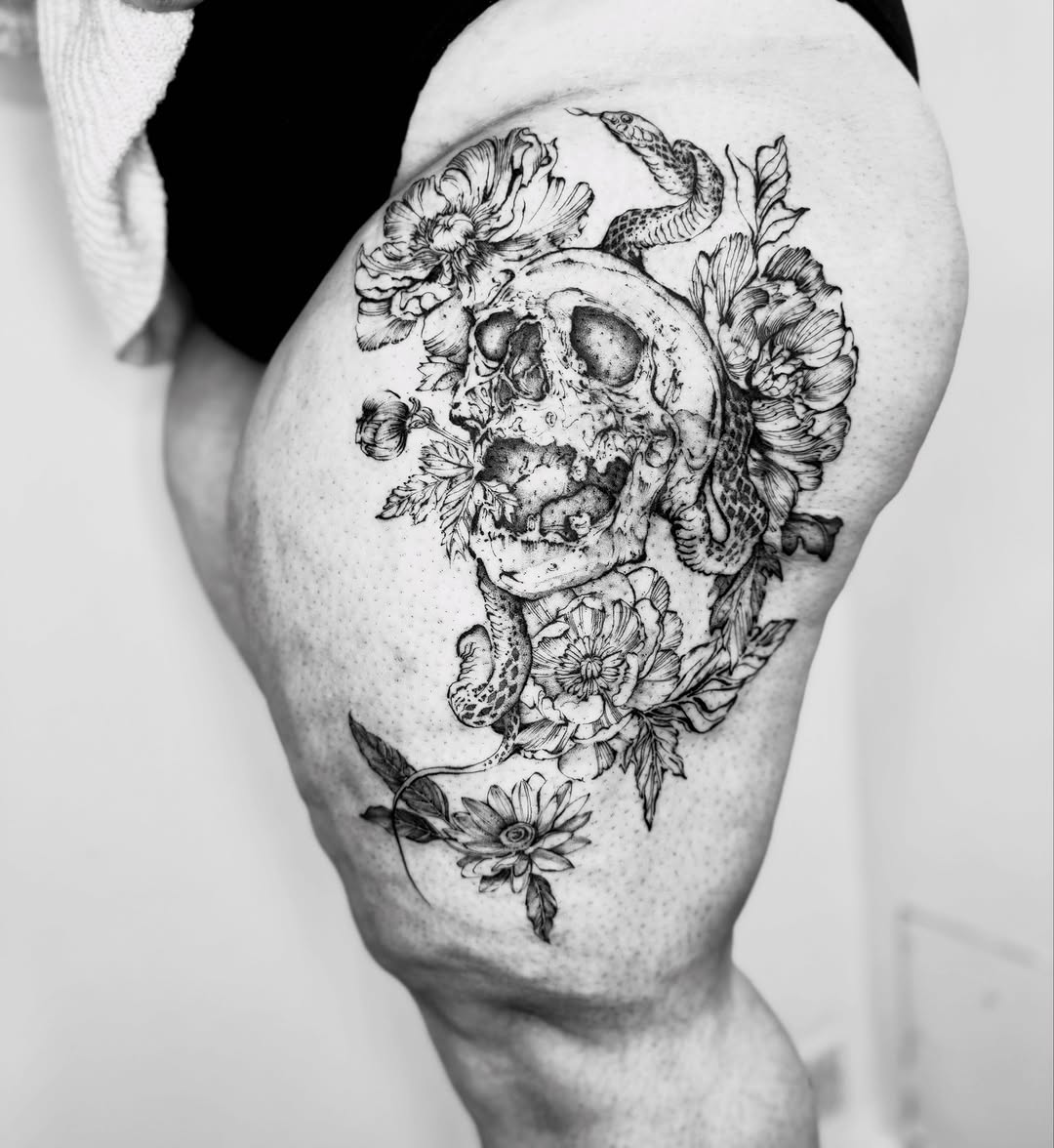 Tattoo by @passthesaltbitch โ realism, black_and_grey