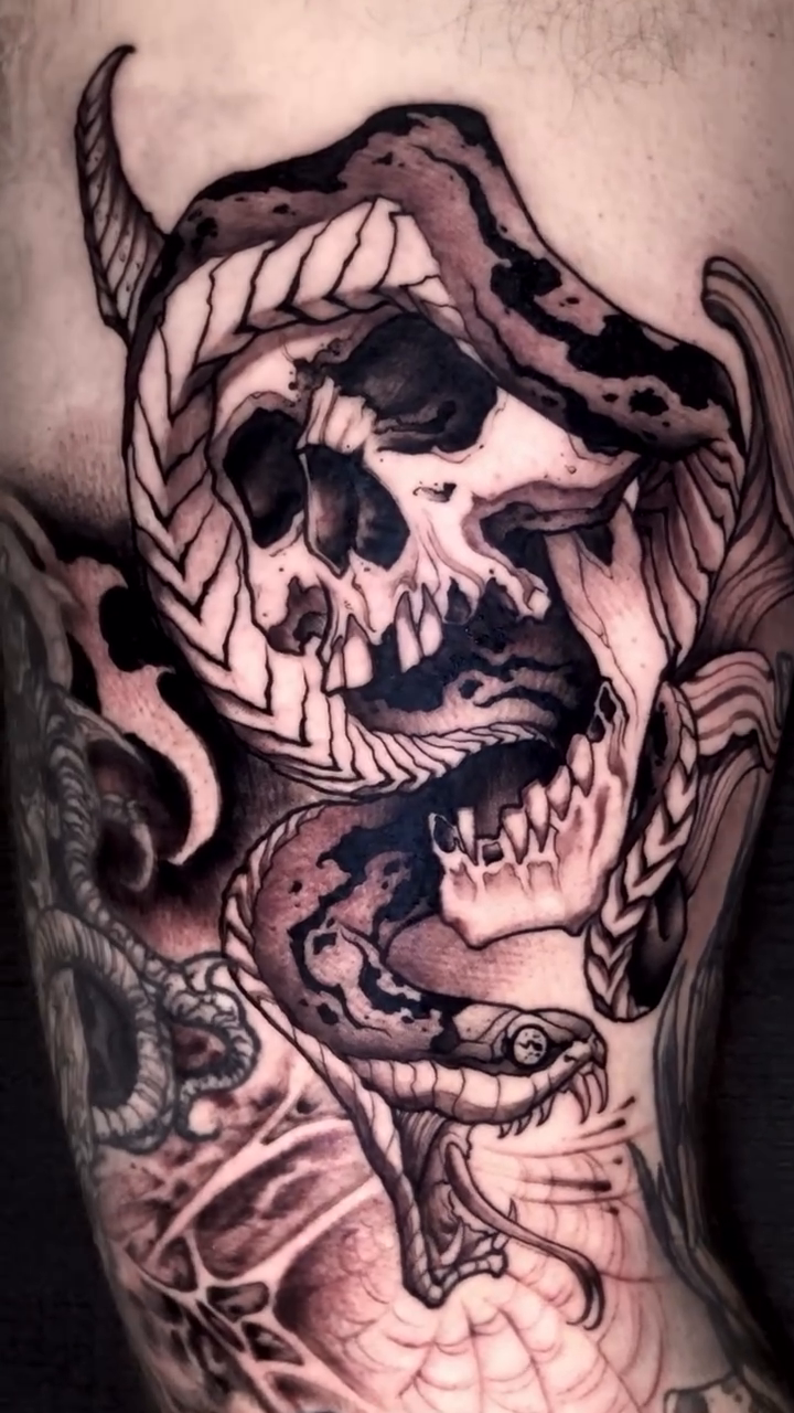 Tattoo by @aaronbtattoo — dark_realism, black_and_grey