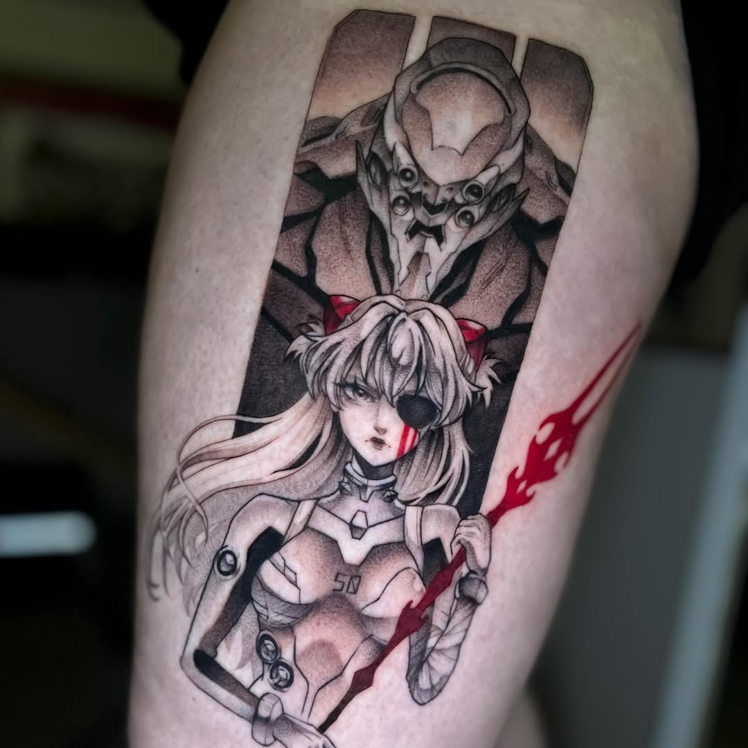 Tattoo by @celynity — anime, black_and_grey