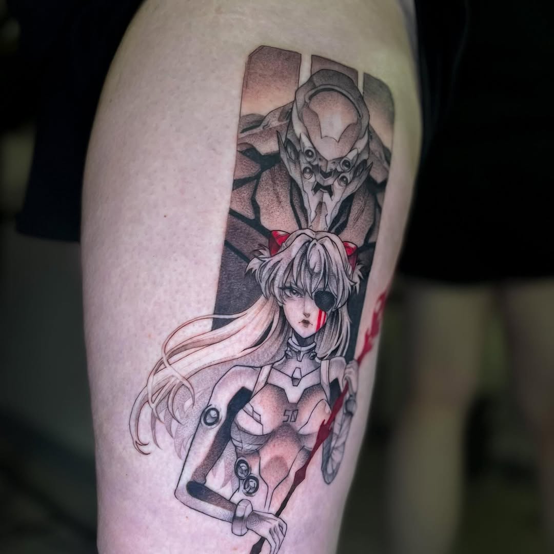 Tattoo by @celynity — anime, black_and_grey