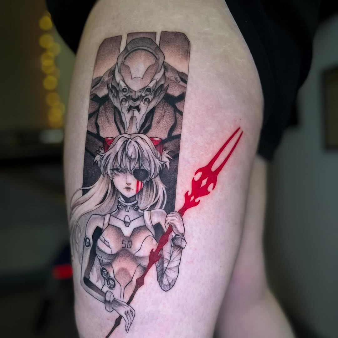 Tattoo by @celynity — anime, black_and_grey