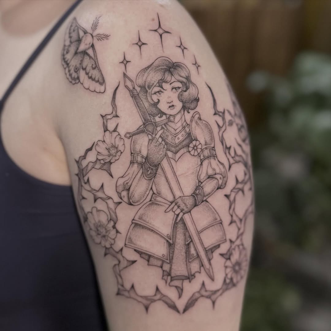 Tattoo by @pixi.bite — illustrative, dotwork