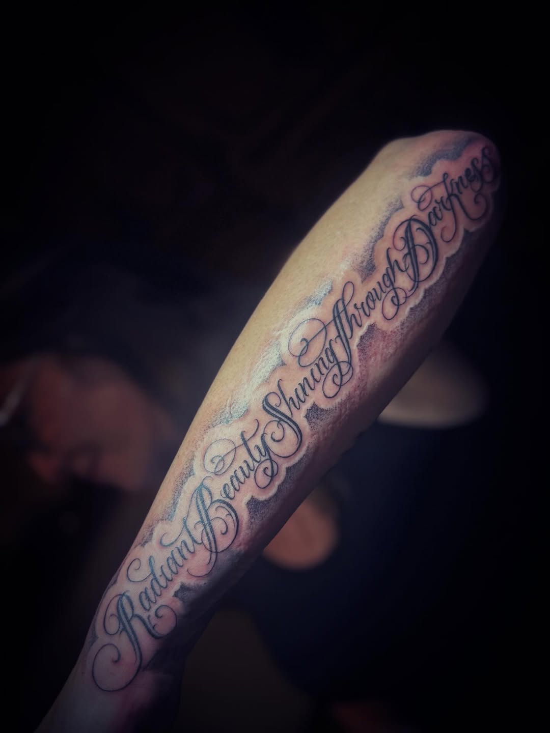 Tattoo by @cesarbee — lettering_script, black_and_grey