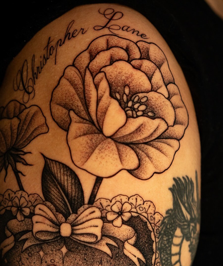 Tattoo by @ambergreytattoos — lettering_script, dotwork