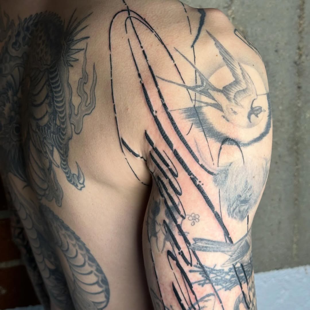 Tattoo by @good.boi.ink — black_and_grey, trash_polka