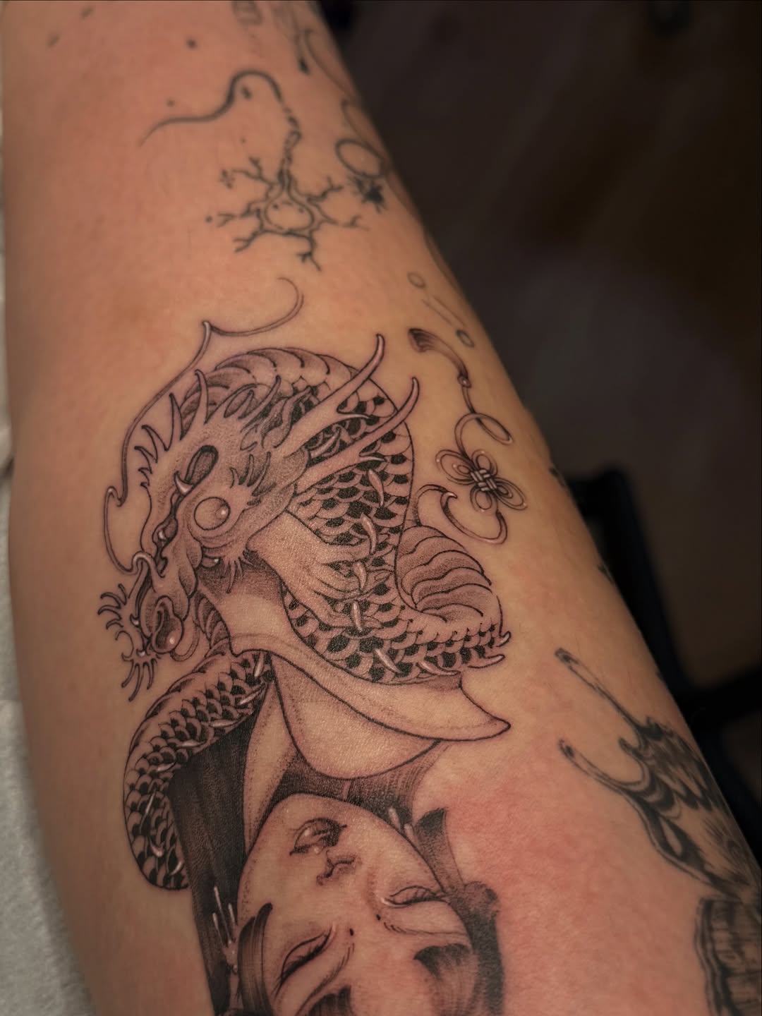 Tattoo by @maid.of.flowers — japanese_irezumi, black_and_grey