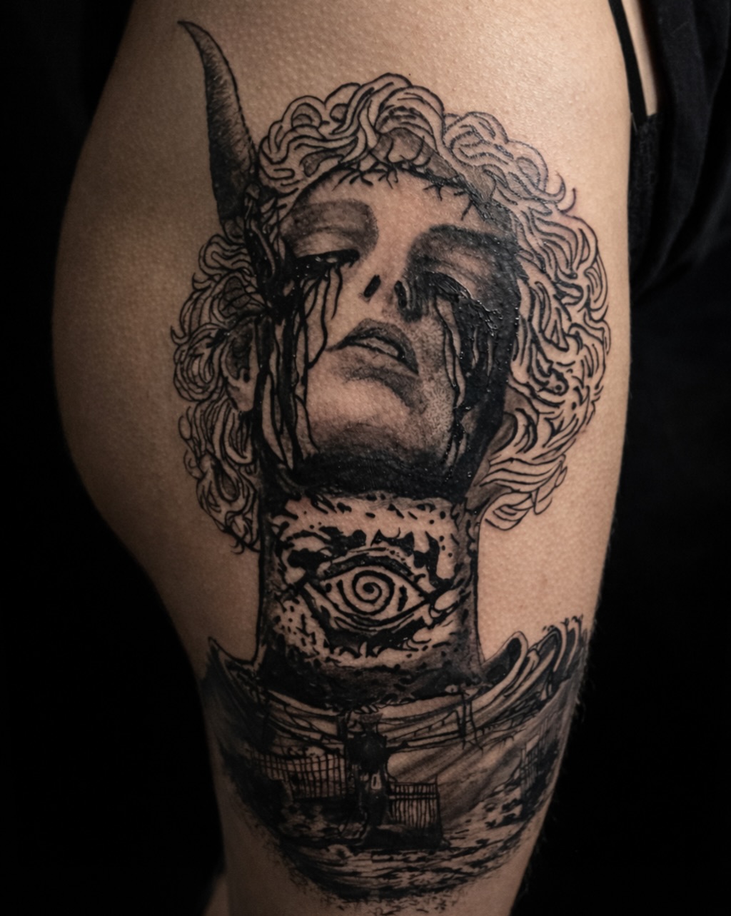 Tattoo by @konorvalentine — black_and_grey, dark_realism