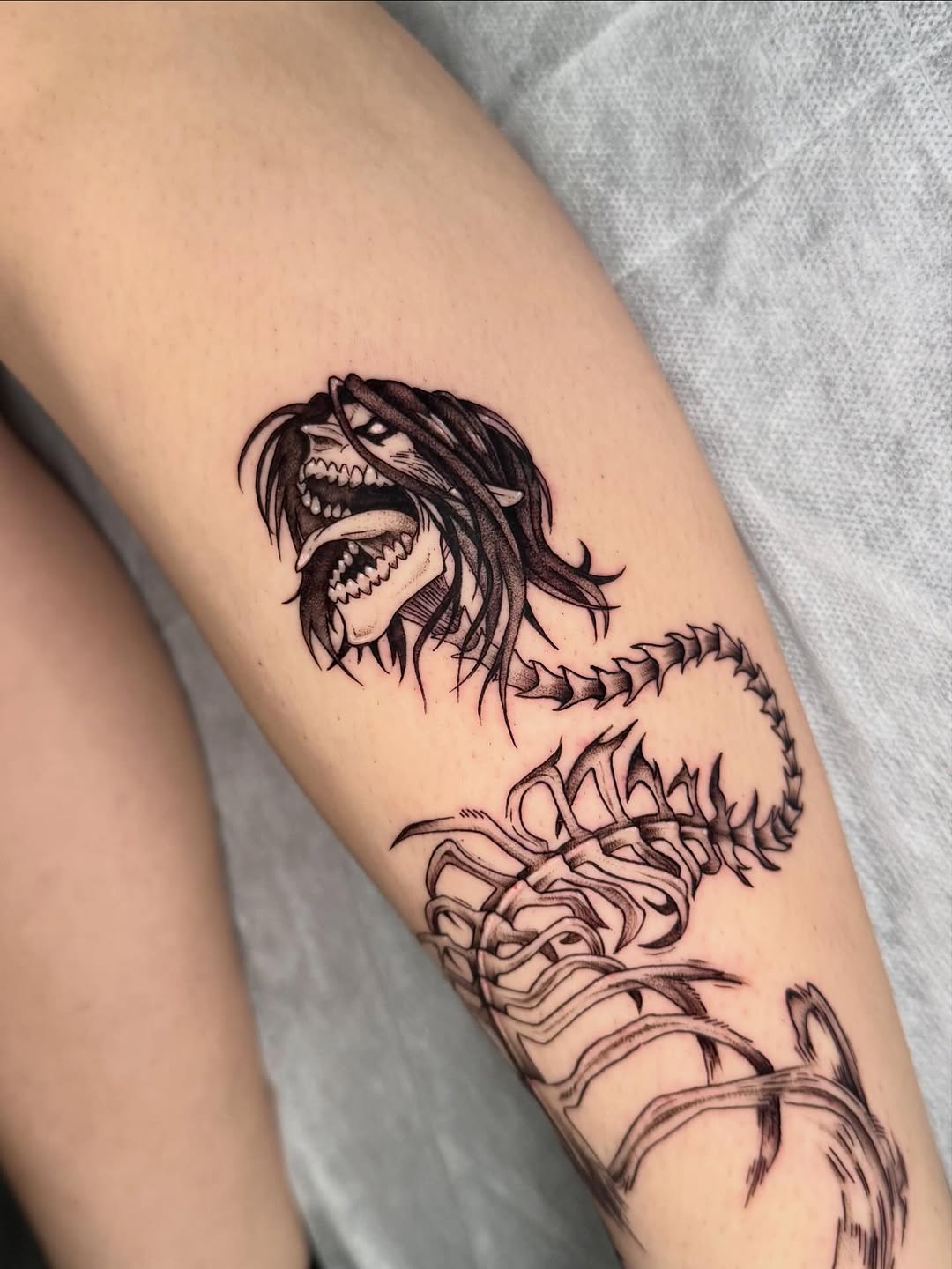 Tattoo by @hackytats — anime, black_and_grey
