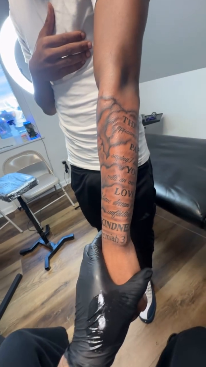 Tattoo by @chief_tats614 — black_and_grey, lettering_script