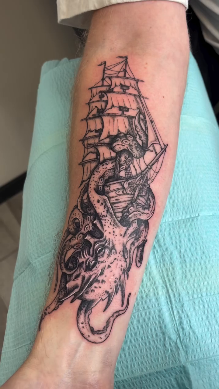 Tattoo by @aguilera_artistry — illustrative, black_and_grey