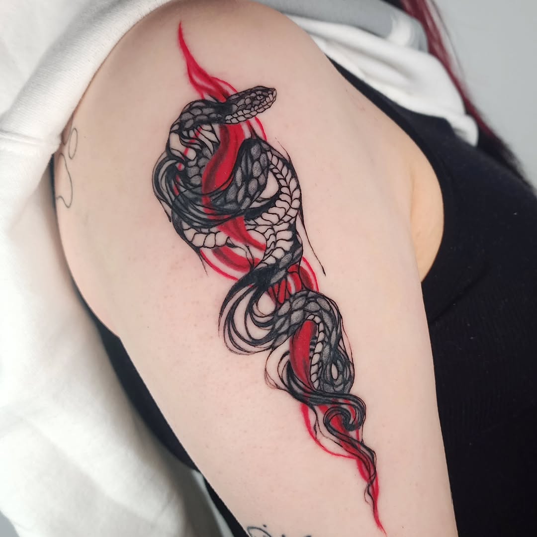 Tattoo by @soleilantoinette — black_and_grey, trash_polka