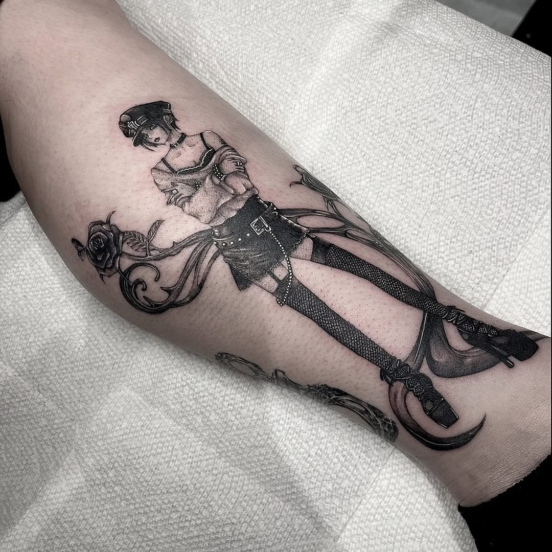 Tattoo by @aurtattoos — anime, black_and_grey