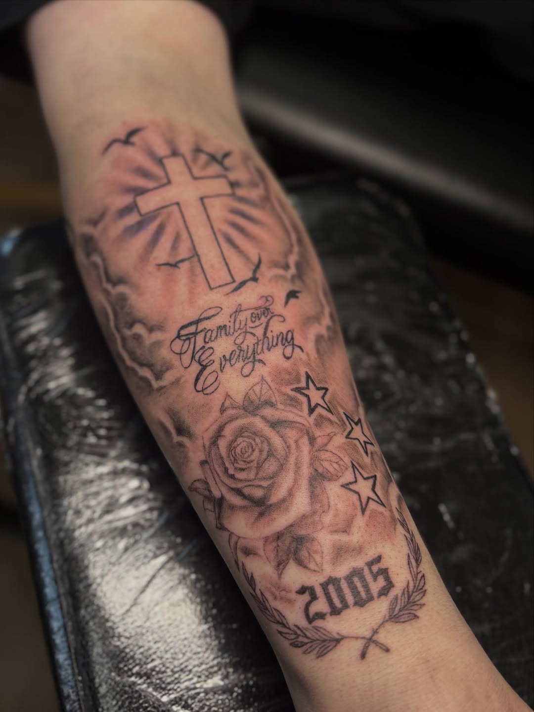 Tattoo by @inked.by.laynee — black_and_grey, lettering_script