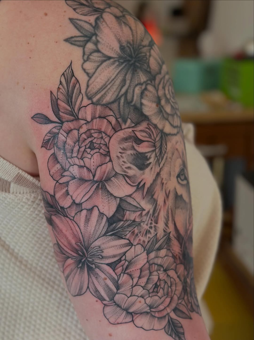 Tattoo by @sunflowergirltat2_ — illustrative, black_and_grey