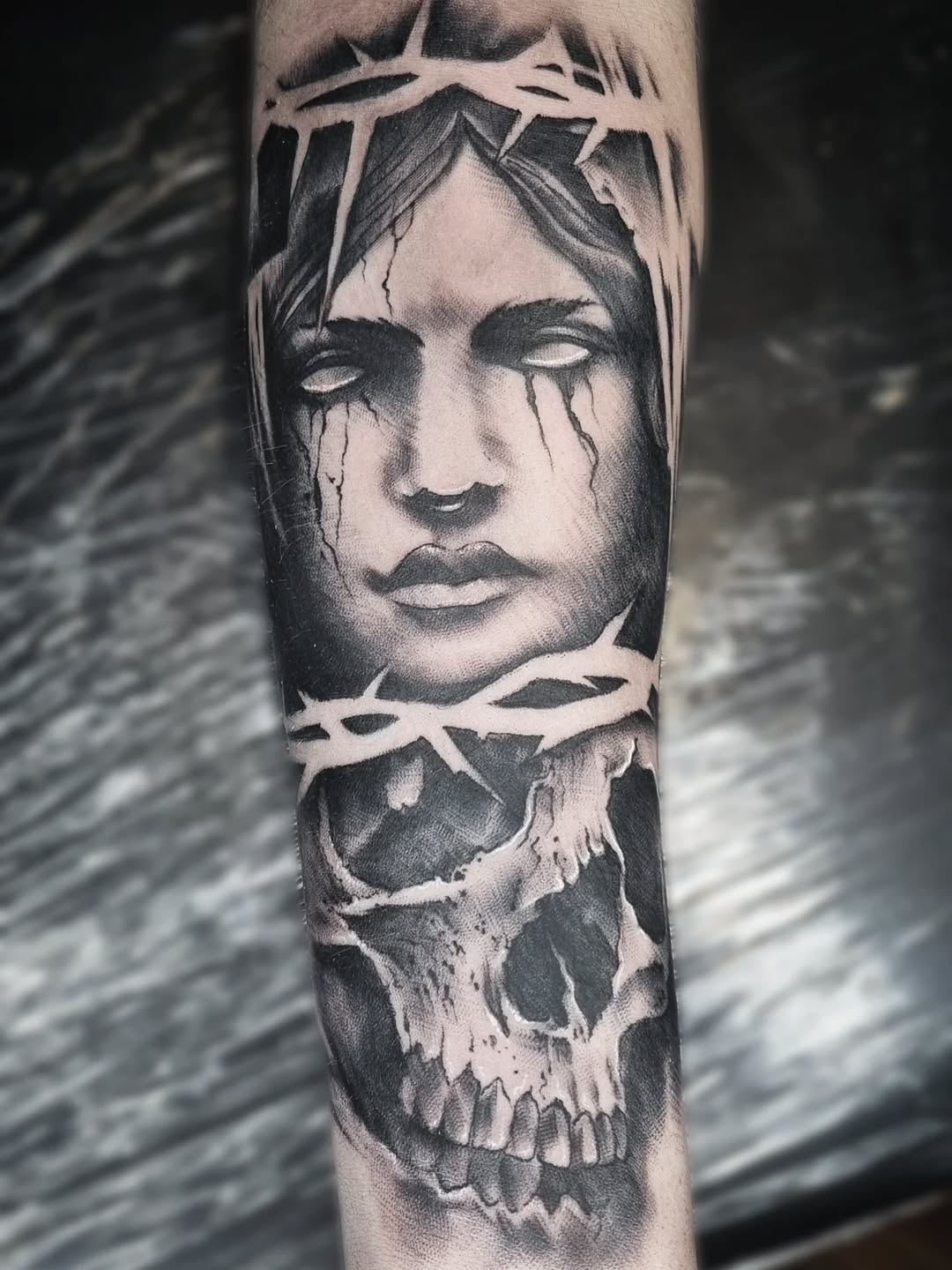 Tattoo by @antihero_tattoo — dark_realism, black_and_grey