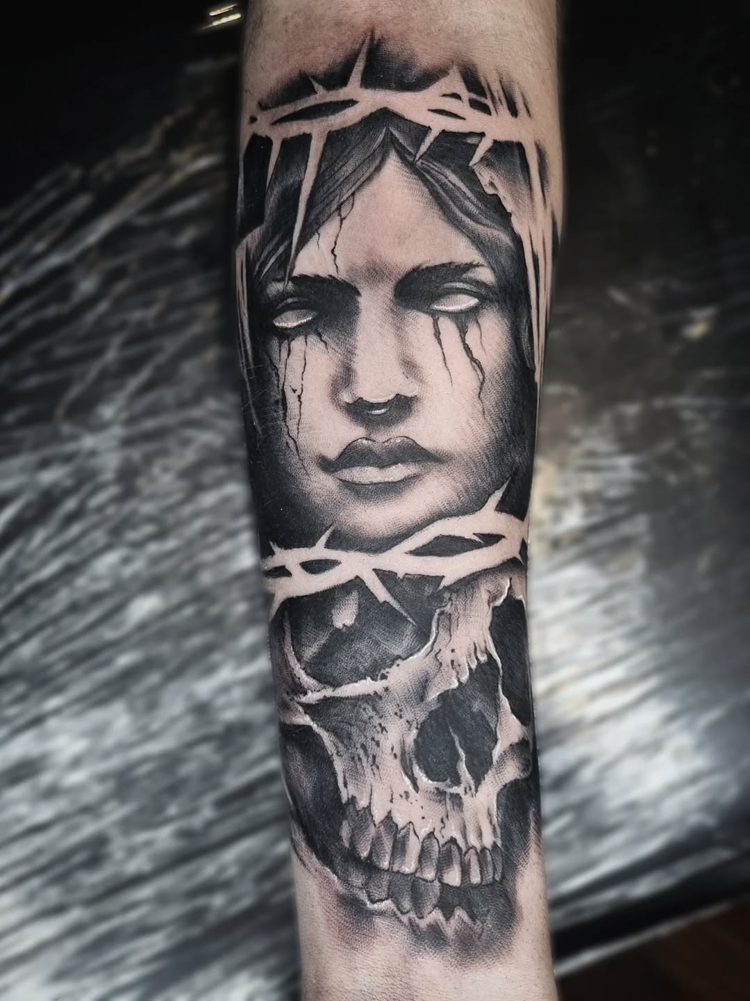 Tattoo by @antihero_tattoo — dark_realism, black_and_grey