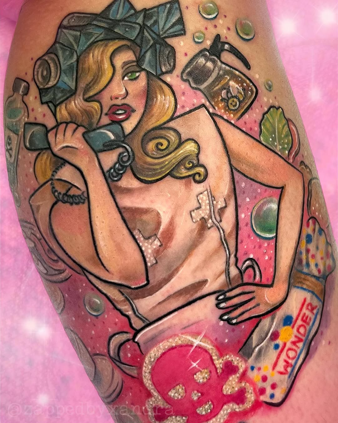 Tattoo by @zappedbyxandra — new_school, trash_polka