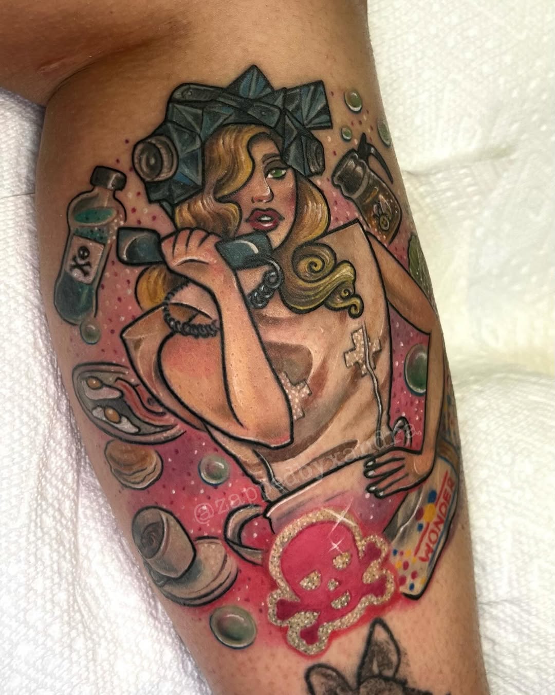 Tattoo by @zappedbyxandra — new_school, trash_polka