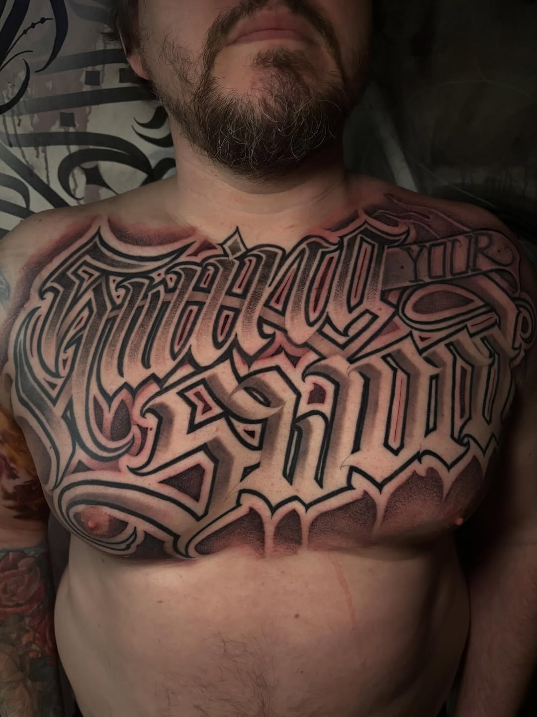 Tattoo by @trustydizon — lettering_script, black_and_grey