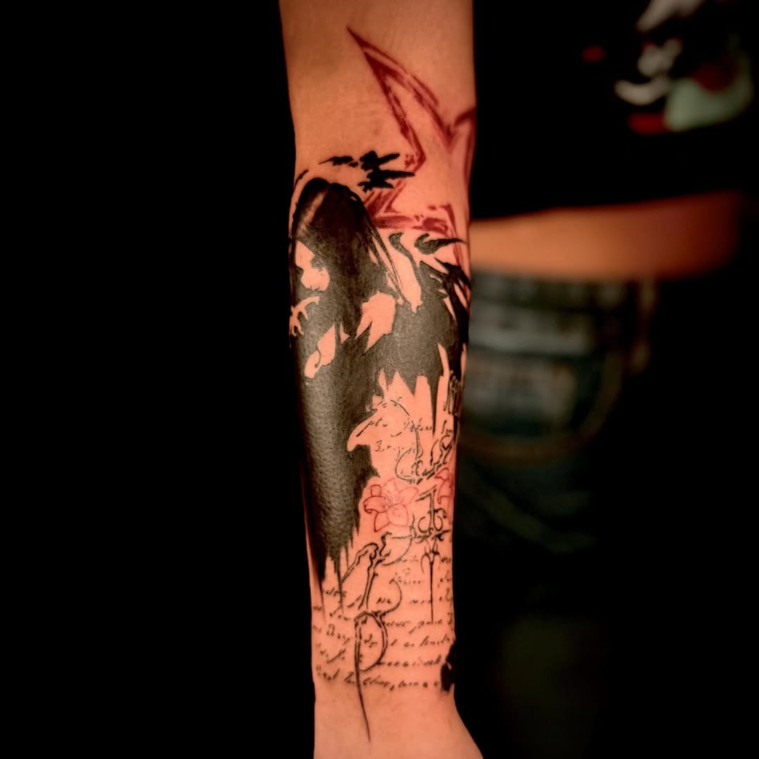 Tattoo by @vampirink.squid โ blackwork, lettering_script