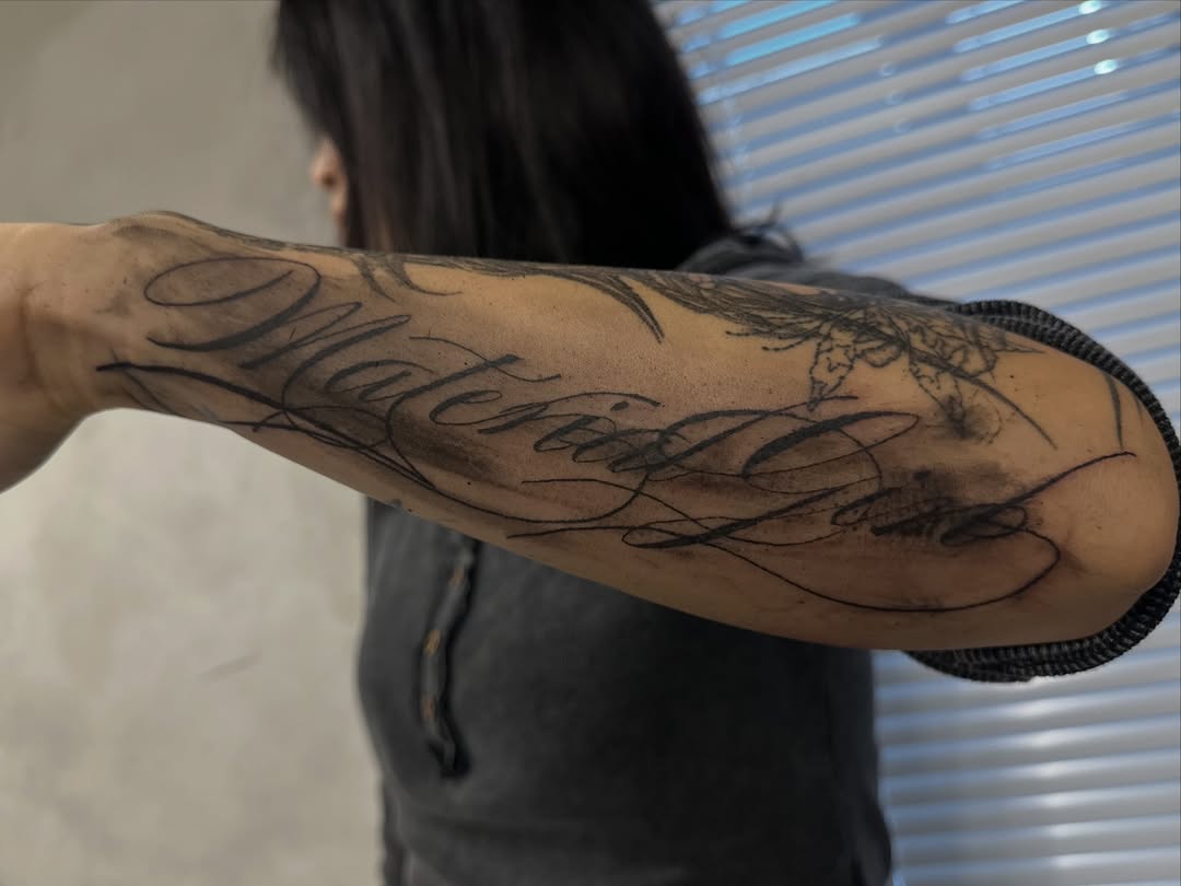 Tattoo by @eyeballism___ — lettering_script, black_and_grey