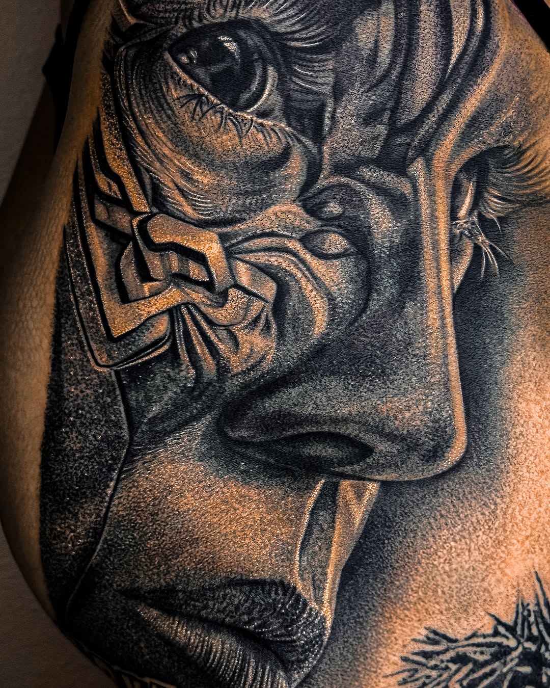 Tattoo by @vegas_tattoo_maksbrand โ realism, black_and_grey