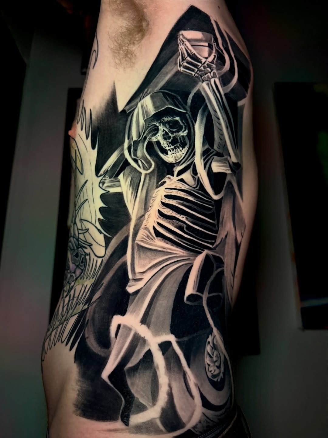 Tattoo by @tat2one β black_and_grey, dark_realism