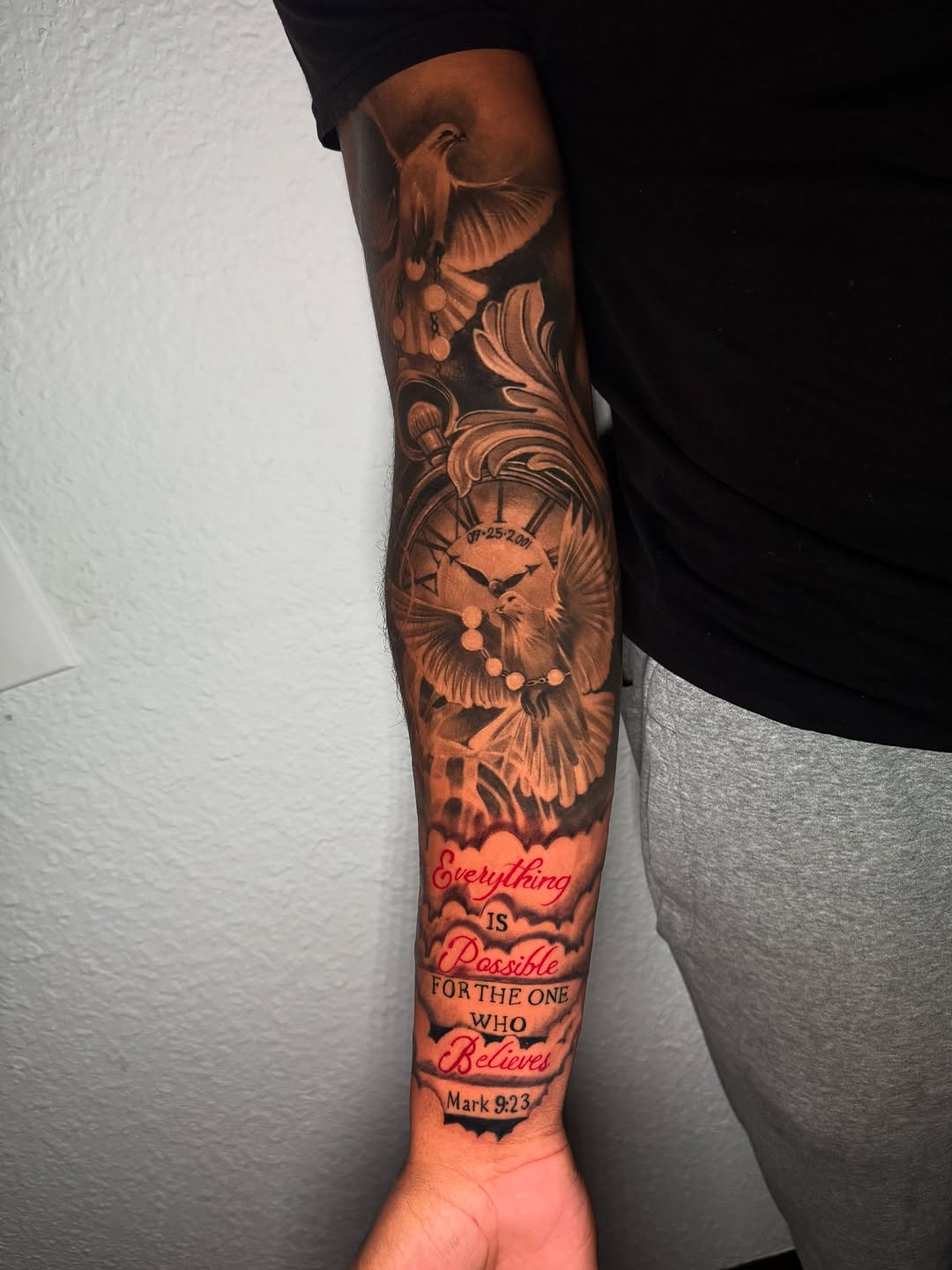 Tattoo by @elijahsdtattoos — black_and_grey, lettering_script