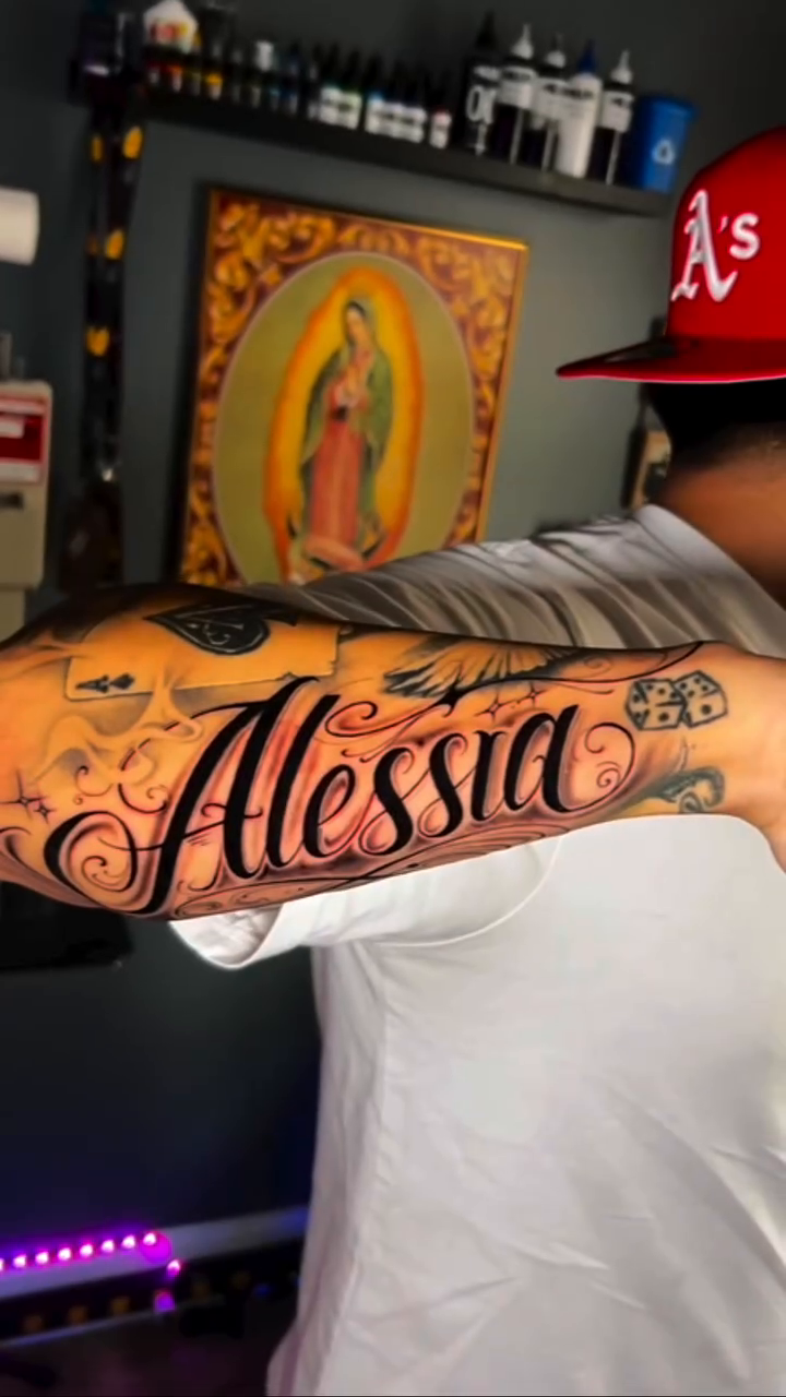 Tattoo by @deniscastrotattoo — lettering_script, black_and_grey