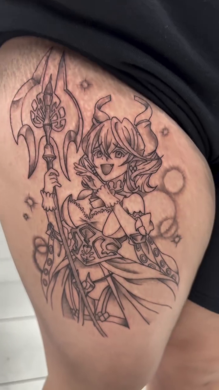 Tattoo by @shrimpfran — anime, fine_line