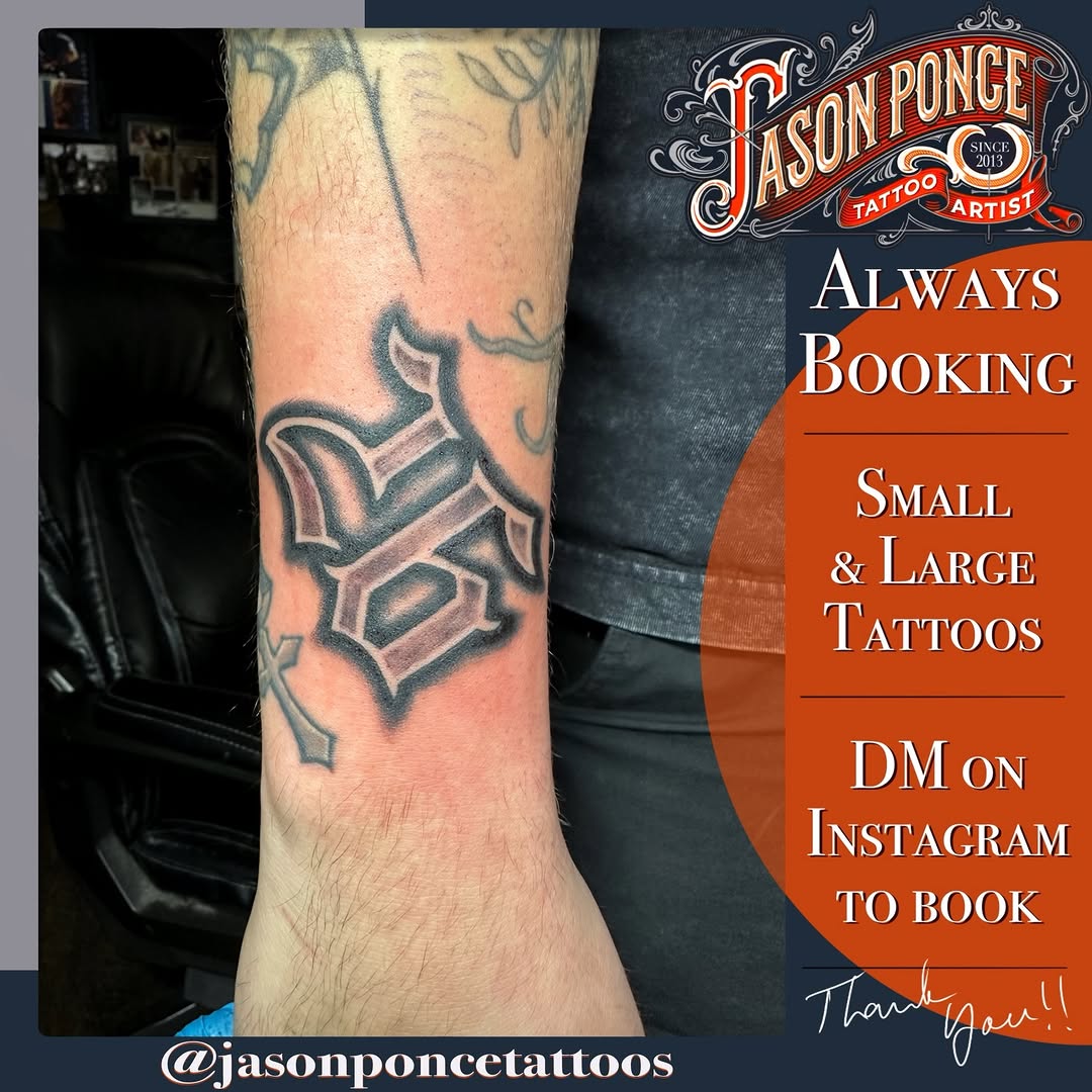 Tattoo by @jasonponcetattoos — lettering_script, black_and_grey