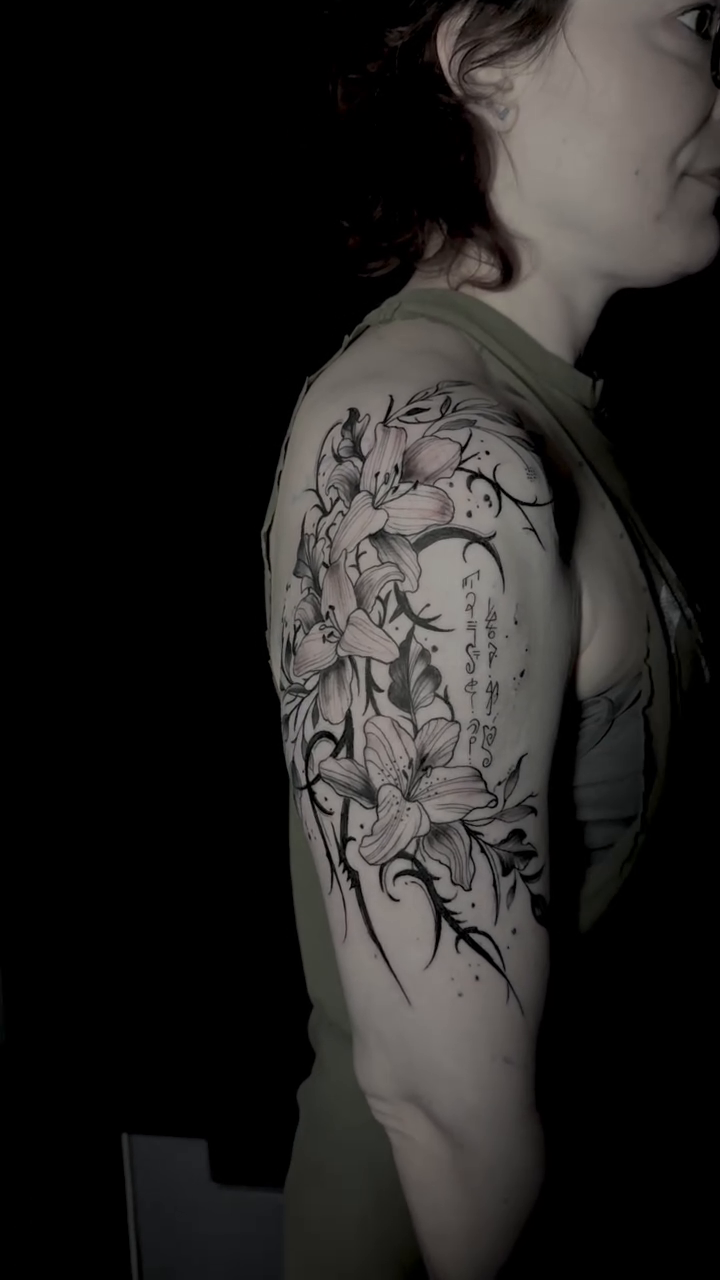 Tattoo by @wildcrafttattoo — black_and_grey