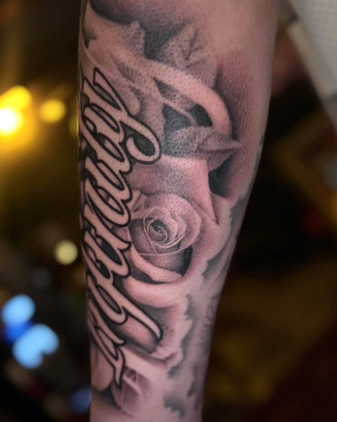 Tattoo by @_haloink_ — lettering_script, black_and_grey