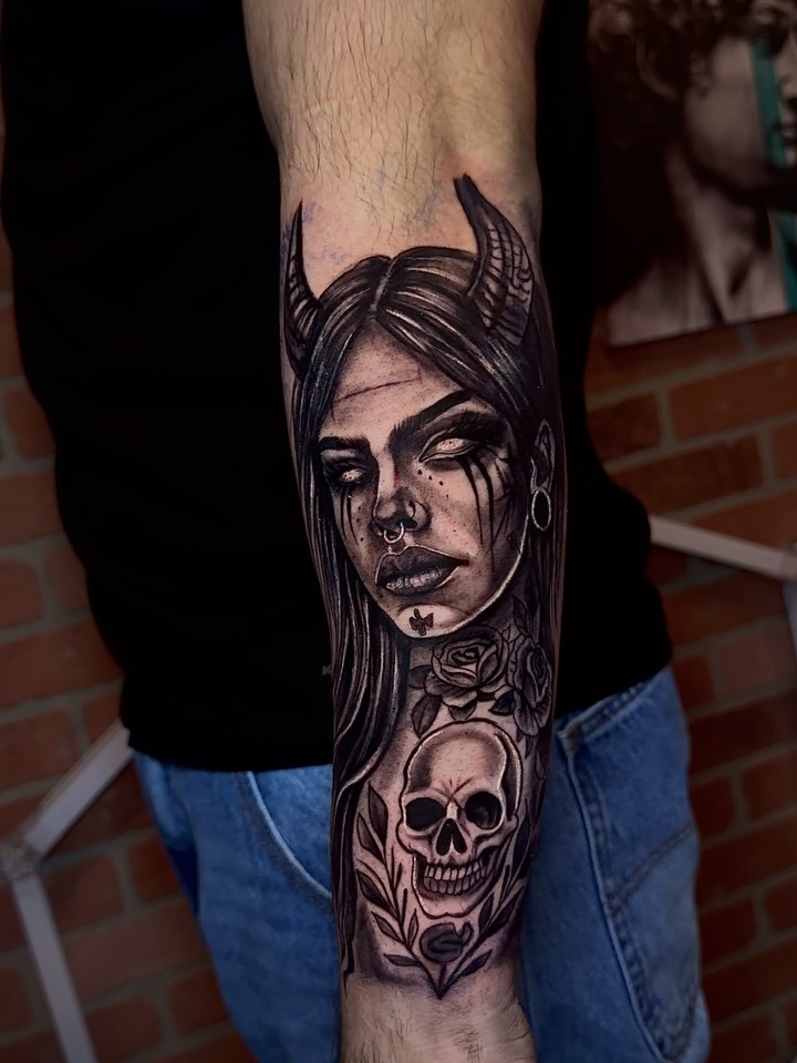 Tattoo by @elcalvo_tatto9 — dark_realism, black_and_grey