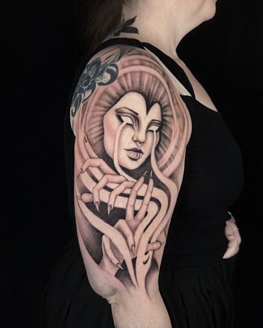 Tattoo by @fineartunbound — black_and_grey, dotwork