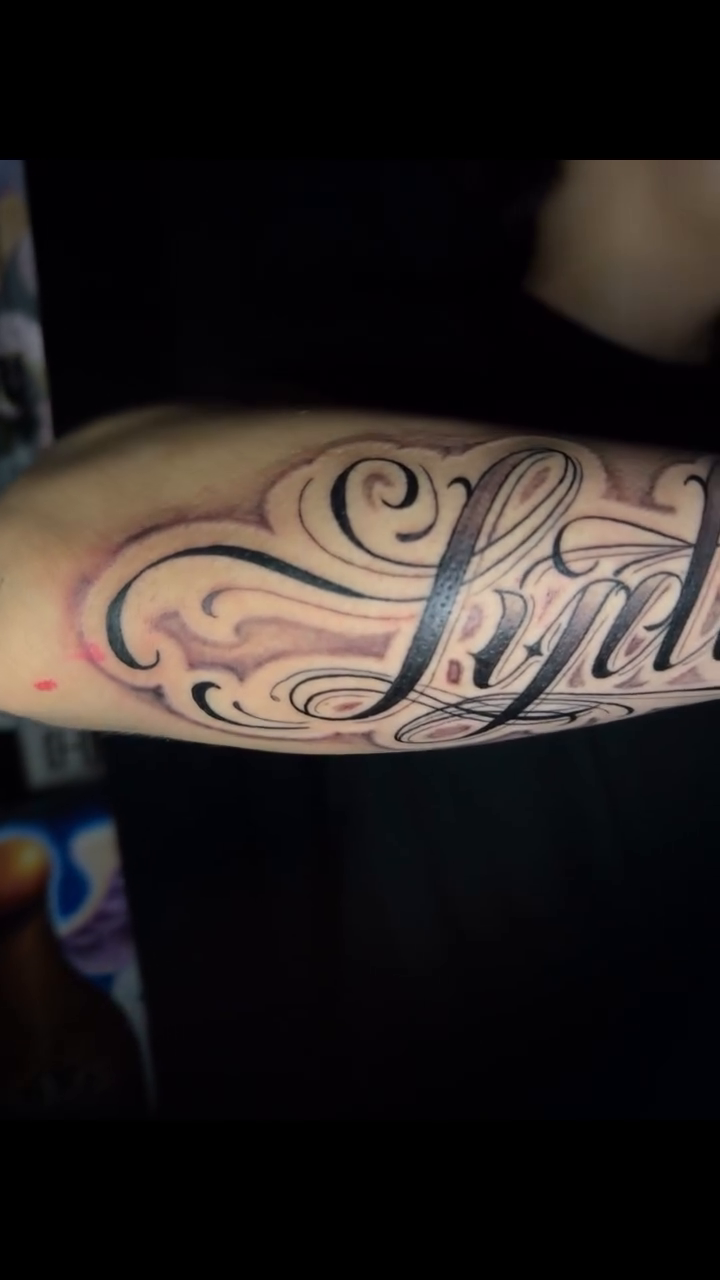 Tattoo by @wolktattoo β lettering_script, black_and_grey
