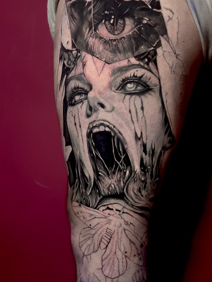 Tattoo by @necultra.tattoo — dark_realism, black_and_grey