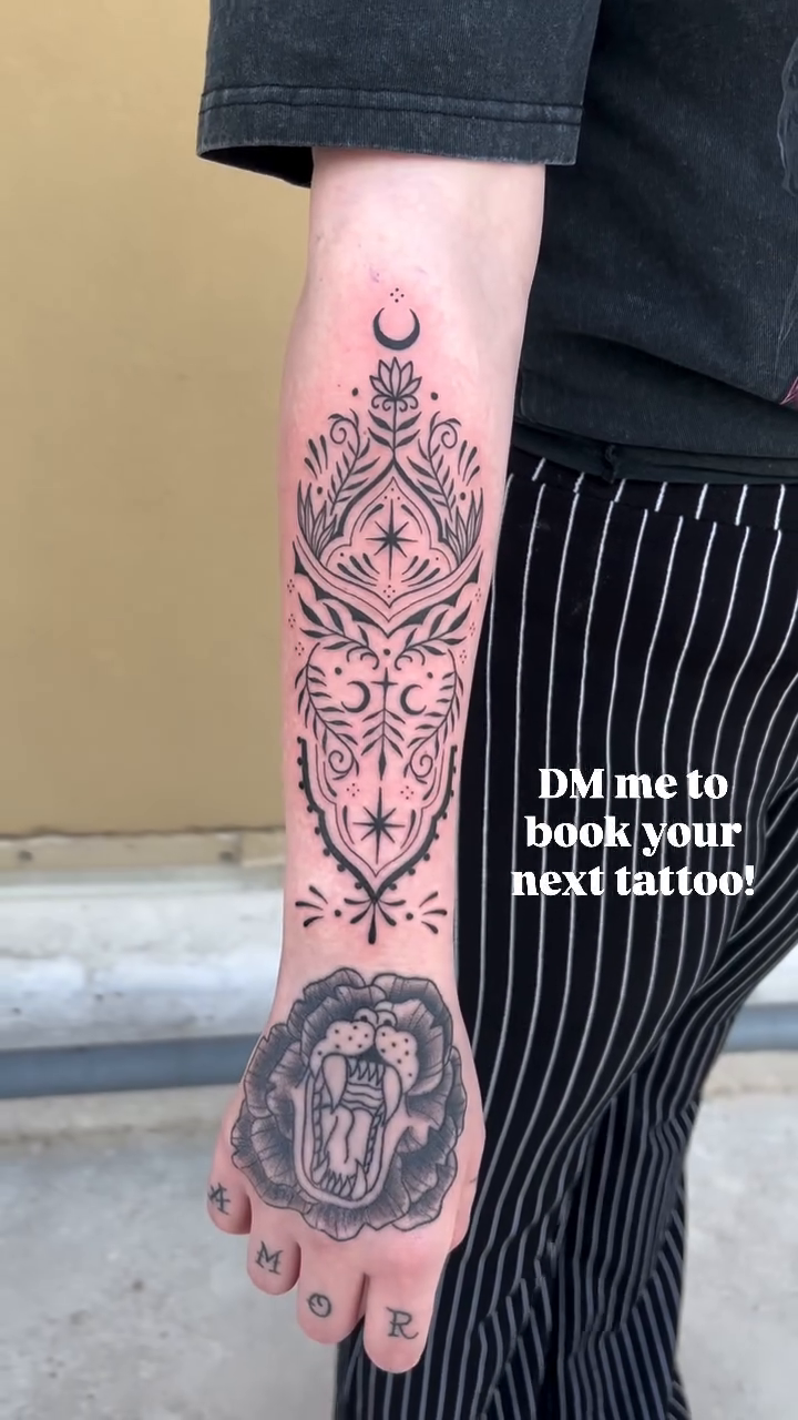 Tattoo by @bluecattats — illustrative, ornamental