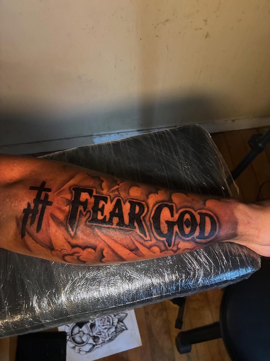 Tattoo by @luxnoctistattoo โ lettering_script, black_and_grey