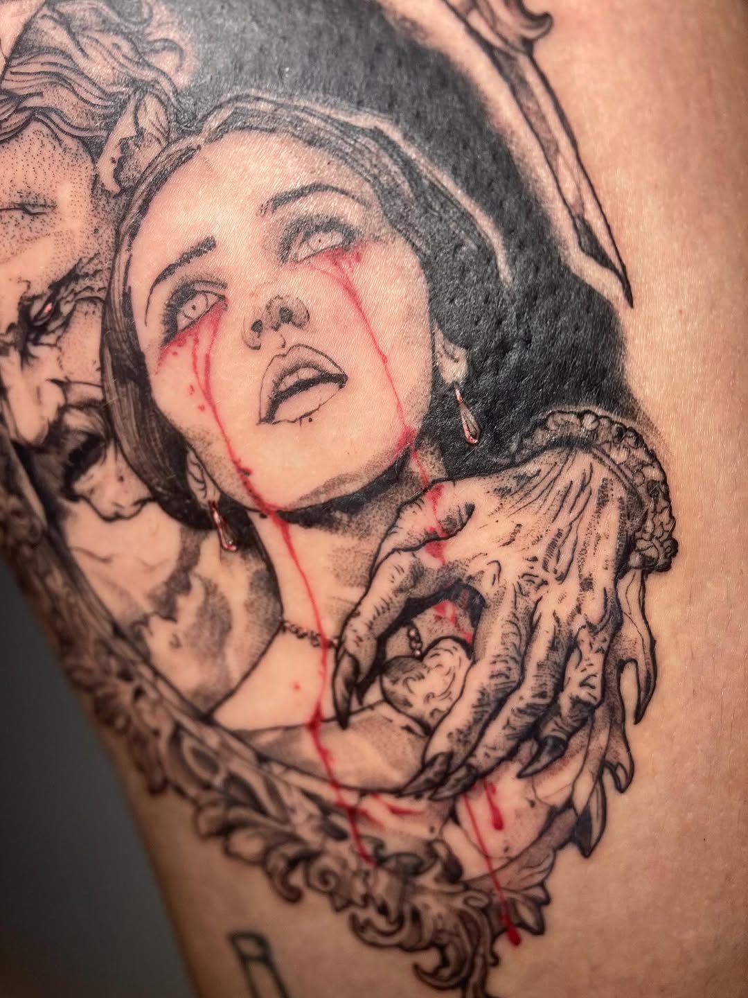 Tattoo by @barragantattoos — dark_realism, trash_polka