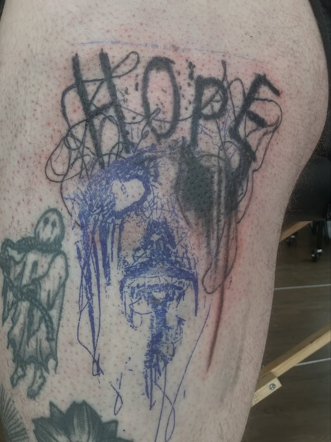 Tattoo by @melancholykory.tattoo — lettering_script, trash_polka